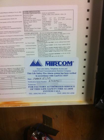 Mircom Verification Label (CAN/ULC-S537 Test Record)
